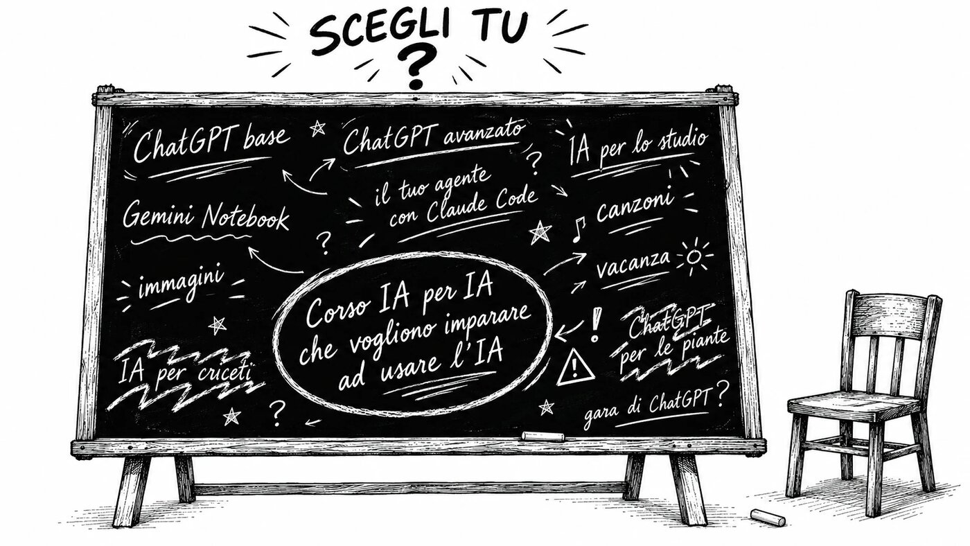 Schizzo di una lavagna con un brainstorming di idee per i corsi: ChatGPT base e avanzato, Gemini Notebook, agente con Claude Code, IA per lo studio, immagini, canzoni, vacanza, gara di ChatGPT, e due idee assurde cancellate. Titolo: Scegli tu